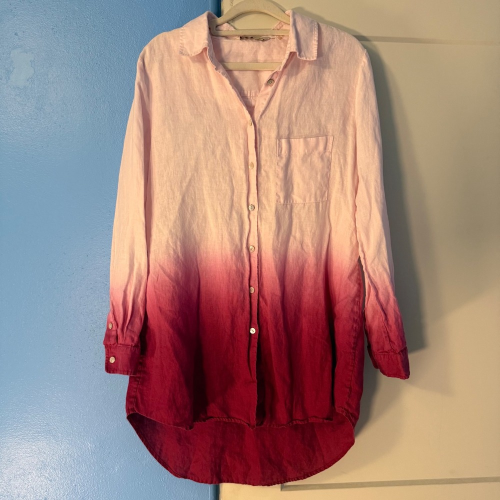 Soft Surroundings Linen Shirt Dress Pink Magenta Ombre Dip Dye Tunic Size M